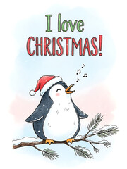 christmas poster with penguin singing i love christmas, christmas card with santa hat and musical notes, festive card with winter animal cheer
