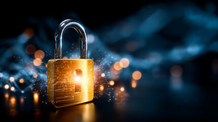 Radiant padlock in digital network center, defocused connections, data security concept, cyber protection technology, network safety visualization, digital fortress metaphor, with 