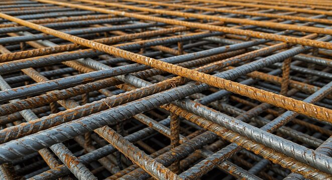 Bundles of steel rebar, a fundamental material for reinforced concrete in construction projects.Concept of construction materials and structural engineering.