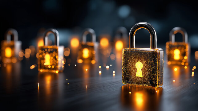 Multiple glowing padlock icons with vault, defocused dark background, digital security concept, data protection visualization, cybersecurity infrastructure, information safety syst - Powered by Adobe
