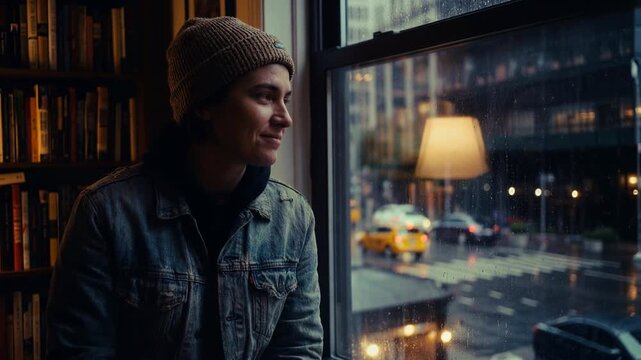 Young adult sitting by a cafe window and gazing at rainy city street with taxis at dusk, quiet reflection and urban lifestyle mood for storytelling and editorial usage
