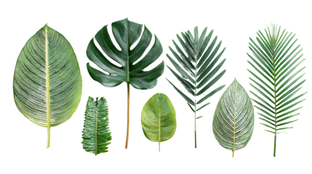 Various tropical leaves on a transparent background for design purposes.