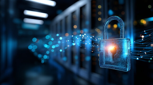 Radiant padlock in digital network center, defocused connections, data security concept, cyber protection technology, network safety visualization, digital fortress metaphor, with