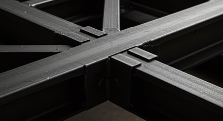 A complex steel joint of a structural framework, reinforced with both bolts and precision welds.Concept of structural engineering and metal construction.