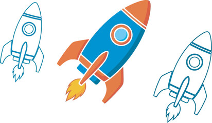 Colorful cartoon rocket ship blasting off with flames against a white background