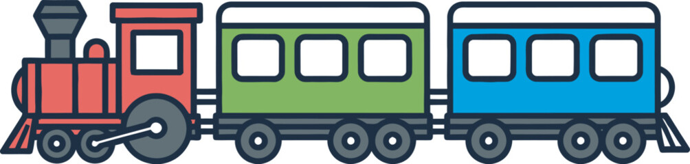 Classic red steam engine pulling colorful passenger cars on a journey