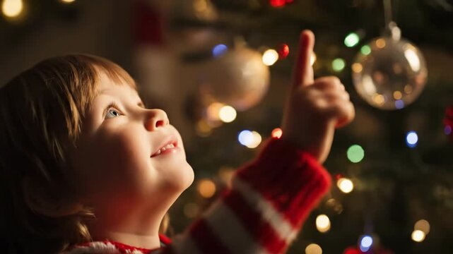 A child gazes upwards with a joyful expression, pointing to Christmas decorations. The festive scene features a decorated tree with colorful lights