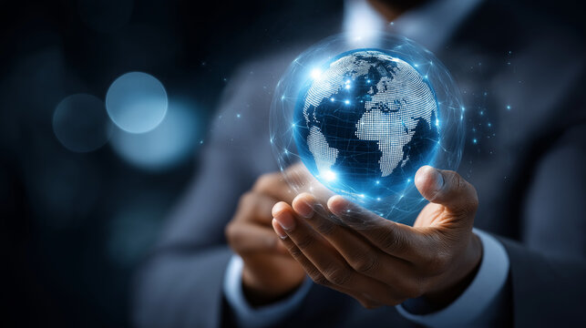 Faceless person holding digital globe with shield, defocused background, global cybersecurity concept, data protection symbol, international security visualization, worldwide priva - Powered by Adobe