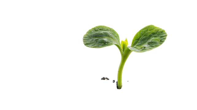 Young green plant sprouting from soil, isolated on white background, symbolizing growth and renewal.