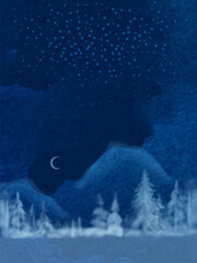 Abstract watercolor winter landscape. Winter walk. Snow-covered night forest and crescent moon. Vector winter landscape for social media post and stories