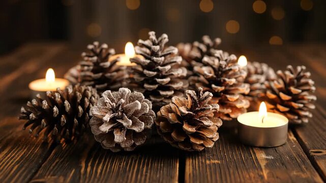 Group of pine cones on dark wood with lit candles creating a warm, cozy atmosphere