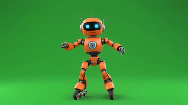 Futuristic Orange Robot with Roller Skates Gliding Smoothly Across a Vibrant Green Screen Studio Background with Bright LED Eyes and Intricate Mechanical