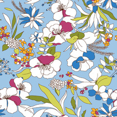 Vibrant seamless floral pattern with playful blossoms on a trendy light blue backdrop, perfect for modern designs and captivating creative projects