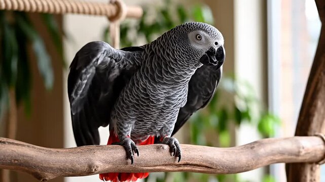 An African Grey Parrot with Wings Spread Wide Perched on a Branch.