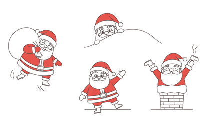 Obraz premium A collection of cartoon Santa Claus illustrations in various poses, all in red and white.