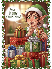christmas card with elf and psst merry christmas text, festive poster with gifts and decorated room
