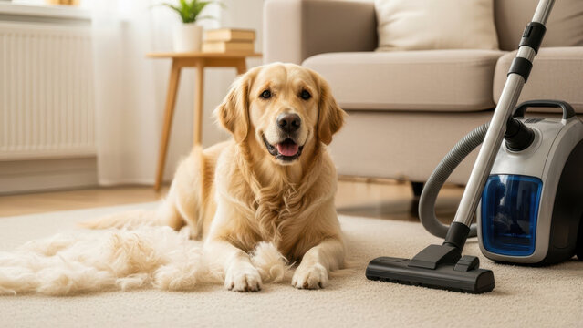 Golden Retriever Relaxing on Carpet Next to Vacuum Cleaner for Pet Care Blogs, Allergy Awareness Websites, Home Cleaning Tips, and Indoor Pet Management Content