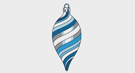 A decorative Christmas ornament with a blue, white, and gray spiral design, hanging.