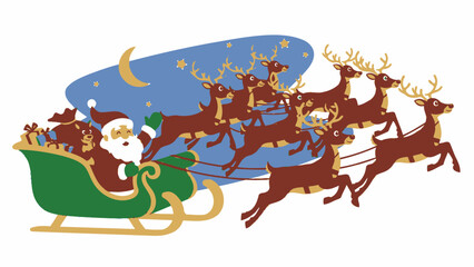 Santa Claus flying in his sleigh pulled by reindeer across a starry night sky with a crescent moon.