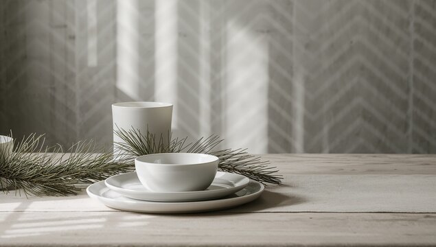 White plate with a bowl and a cup on a wooden table - Powered by Adobe