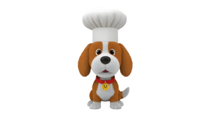 Cute cartoon beagle dog character wearing a tall white chef hat and a red collar with a gold tag, isolated on transparent background