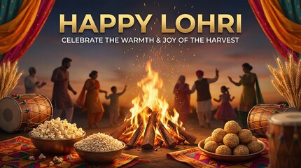 Happy lohri festival celebration with bonfire and traditional foods