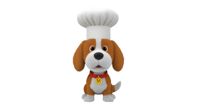 Cute cartoon beagle dog character wearing a tall white chef hat and a red collar with a gold tag, isolated on transparent background
