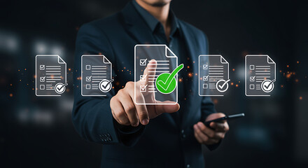 Businessman Selecting Digital Checklist Icon with Green Approval Mark in Futuristic Interface