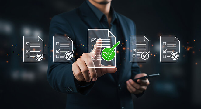 Businessman Selecting Digital Checklist Icon with Green Approval Mark in Futuristic Interface