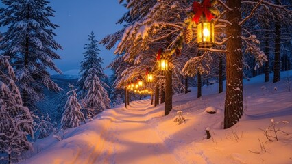 Glowing Lanterns Line a Snowy Winter Forest Path at Dusk