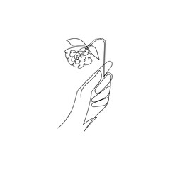 Continuous Beautiful Rose shout flowers single line art vector drawing of hand holding