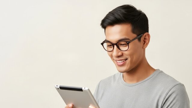 Smiling Asian man in glasses using a tablet computer against a neutral background