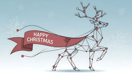 christmas poster with geometric reindeer and happy christmas banner, festive holiday card with snowflake background
