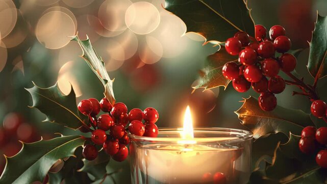 A candle is lit on a table with a branch of red mistletoe