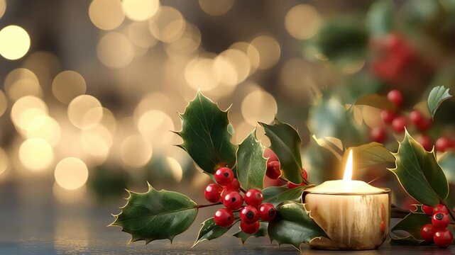 A candle is lit on a table with a branch of red mistletoe