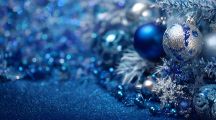 Vibrant blue Christmas theme with sparkly ornaments and twinkling border around soft open zone 