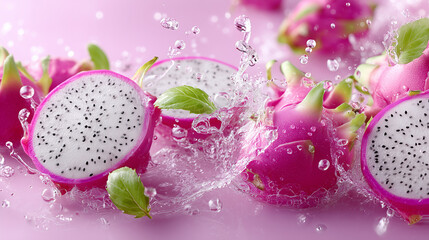 Tropical Refreshment: Vibrant dragon fruits, bursting with freshness, emerge from a splash of water, creating an inviting visual that evokes the taste of a tropical paradise.