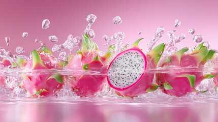 Dragon Fruit Splash: An exquisite arrangement of vibrant dragon fruits in a refreshing aquatic scene, enhanced by dynamic water droplets, offering a taste of tropical indulgence.