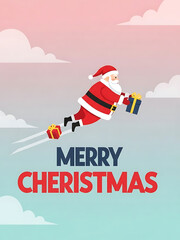 christmas poster with santa flying and merry christmas text, festive holiday card with gradient sky background
