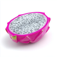 Exotic Dragon Fruit Slice: A vibrant slice of dragon fruit, displaying its striking pink skin and distinctive black seed-speckled white flesh, ready to be enjoyed. 