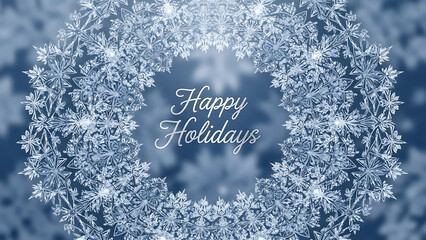 christmas poster with happy holidays text and snowflake frame, christmas card with elegant blue background, festive card with circular winter design and cursive font
