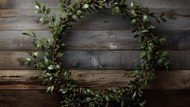 A wreath of green leaves is placed on a wooden surface
