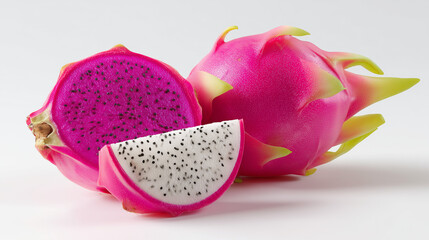 Exotic Dragon Fruit: The vivid hues and intricate textures of sliced and whole dragon fruit, a visual feast showcasing nature's artistry. A tropical delicacy.