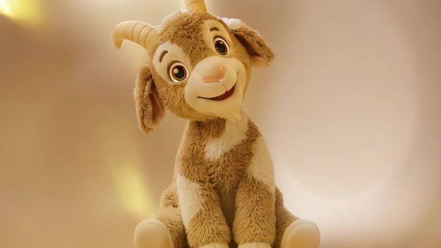 Smiling Plush Goat with Fluffy Fur in Studio with Beige Background