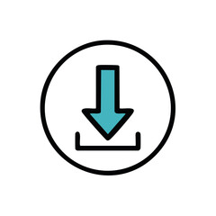 Fototapeta premium Download button icon in a circle, arrow pointing down to an open box shape