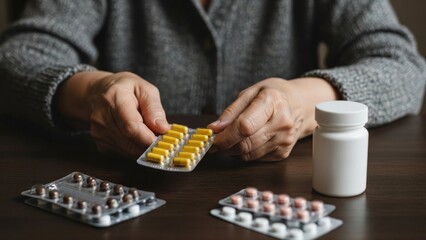 Hands holding pharmaceutical blister packs of pills and a white medicine bottle on a dark wooden table