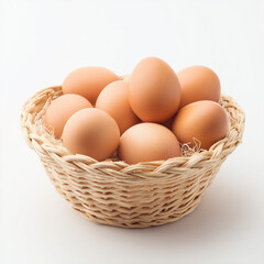 Basket of Fresh Eggs: A rustic woven basket cradles a collection of fresh, brown eggs, symbolizing the simple joys of a wholesome breakfast or culinary creation. 