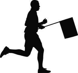 Running silhouette with flag—black vector of person in motion holding angled banner