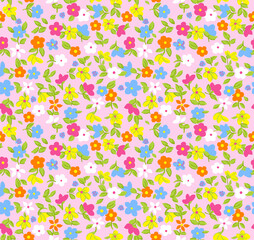 Delightful floral pattern with vibrant spring colors on a soft pink background, perfect for cheerful textile designs and whimsical backgrounds