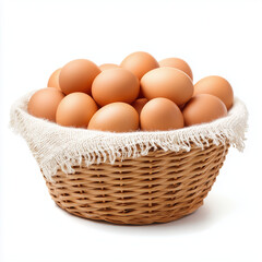 Rustic Egg Basket: A wicker basket overflowing with fresh, brown eggs, nestled on a linen cloth, representing wholesome ingredients and culinary potential.